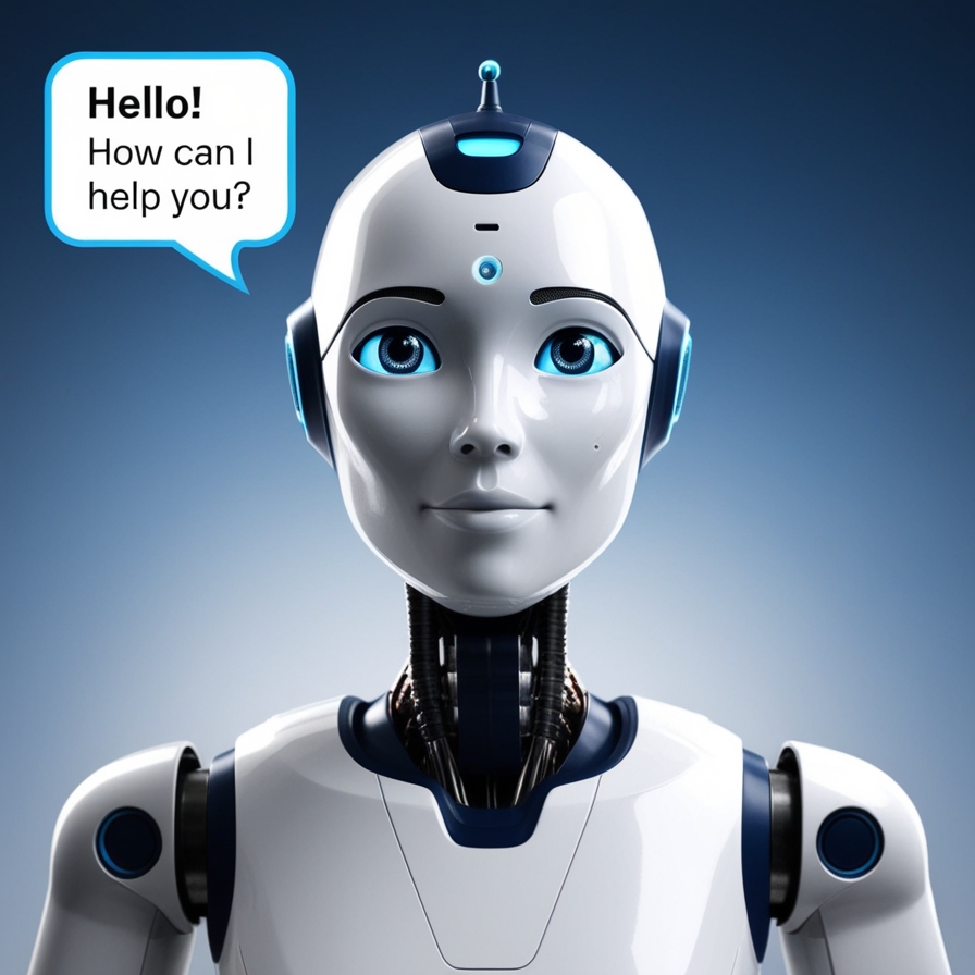 AI robot saying 'Hello, how are you?' illustrating automation, intelligence, and conversational capabilities.